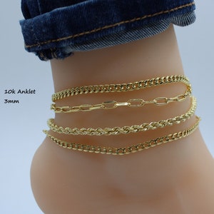 10K Gold 3mm Paperclip Anklet Rope Anklet Miami Cuban Anklet  Curb Cuban Anklet  9 Inch 10 Inch 11 Inch 12 Inch (Variations)