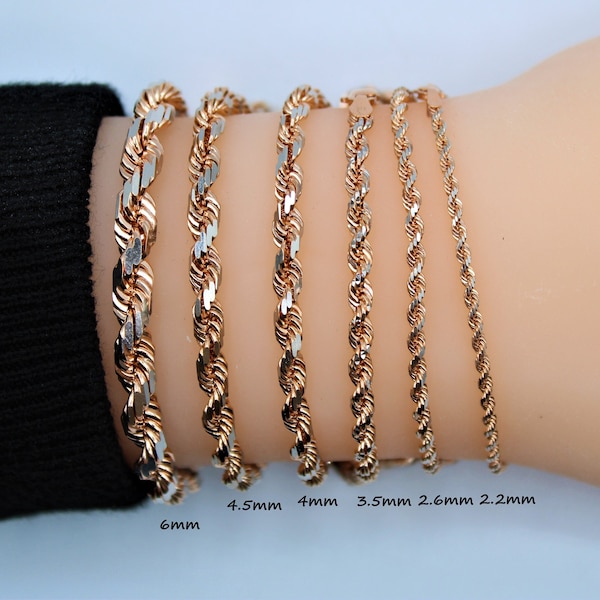 10K Fully Solid Gold Rope Bracelet Rose Gold Rope Chain Bracelet Diamond cut 2.2mm, 2.6mm, 3.5mm, 4mm, 4.5mm, 6mm 10K Gold Rope Chain