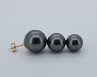 14K Solid Gold Crystal Black Pearl Pushback Earrings- 14K Pearl Studs- Pearl Studs- 14K Cultured Pearl Studs (Multi size available)