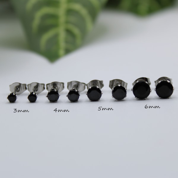 Pair of 316L SURGICAL STEEL 3mm 4mm 5mm 6mm Black Prong Cz Gem Stone Earrings Studs