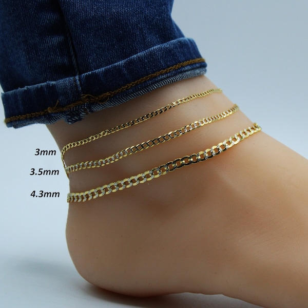 Solid 14K Gold Two Tone CURB CUBAN Anklet 9 Inch 10 Inch 11 Inch 12 Inch