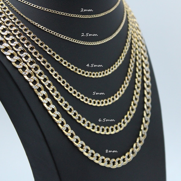 10K Gold Cuban Chain Two Tone Pave , Real Gold Necklace , 2mm 2.5mm 4.5mm 5mm 6.5mm 8mm Cuban Chain, Genuine 10K Gold Chain 16-26 inch