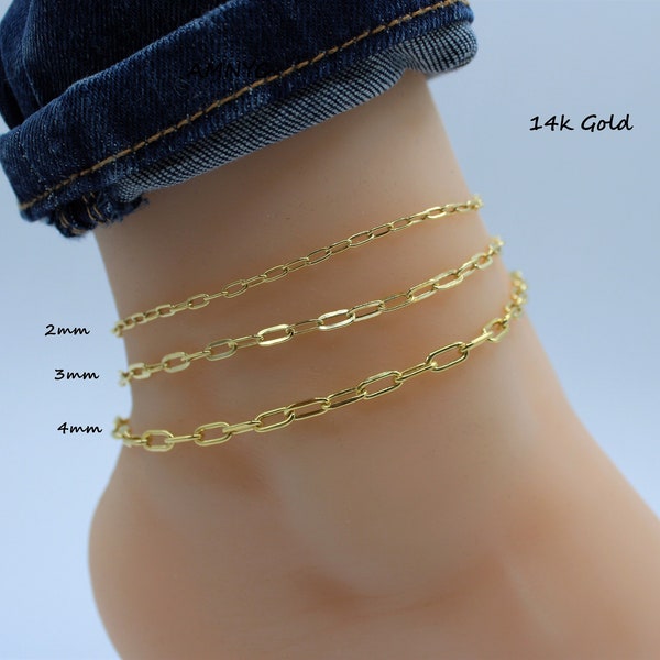 Solid 14K Gold Paperclip Anklet 9 Inch 10 Inch 11 Inch 12 Inch