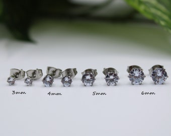 Pair of 316L SURGICAL STEEL  3mm 4mm 5mm 6mm White Prong Cz Gem Stone Hypoallergenic Earrings Studs