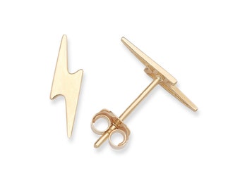 SOLID 14K Gold Lightning Bolt Shape Earrings Push Back Studs Earrings for Women, Yellow Gold White Gold Rose Gold