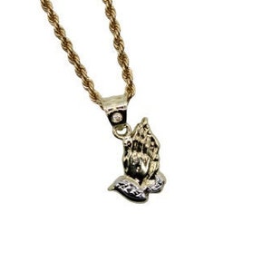 10k Gold Prayer Hands Pendant | Pendant for Chain Necklace | Unisex pendant| 10k Yellow Gold with Rope Chain Necklace |