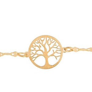 14K Yellow Gold 7" Tree of Life op Mirror Chain Bracelet, Spring Ring Sluiting