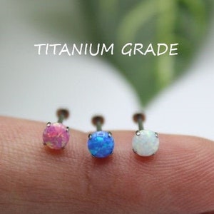 IMPLANT GRADE TITANIUM Threadless Push In 2mm 3mm 4mm White Pink Blue Opal Stone Flat Back Labret Tragus Nose Stud Cartilage Ear Piercing