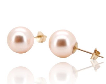 14K Solid Gold Crystal Rose Pearl Pushback Earrings- 14K Pearl Studs- Pearl Studs- 14K Cultured Pearl Studs (Multi size available)