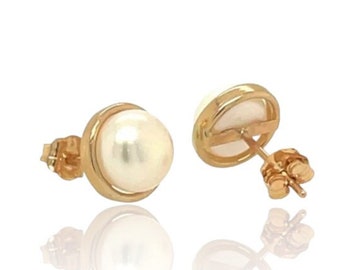 14K Solid Gold Genuine Pearl Halo Pushback Earrings- 14K Pearl Halo Studs- Pearl Studs- 14K Cultured Pearl Studs Yellow Gold White Gold