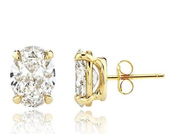 14k Solid Gold Solitaire Earrings Classy Oval Cut Pushbacks Studs | Gold Oval CZ Studs