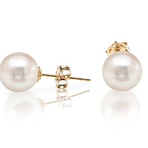 14K Handmade Solid Gold Genuine White Pearl Pushback Earrings- 14K Pearl Studs- Pearl Studs- 14K Cultured Pearl Studs (Multi size available)