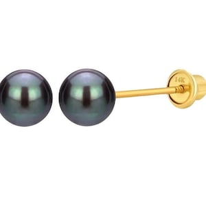14K Solid Gold Genuine Black Pearl Screw Backs Earrings- 14K Pearl Studs- Pearl Studs- 14K Cultured Pearl Studs (Multi size available)