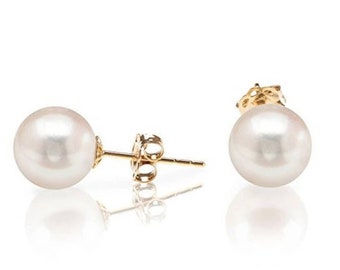 14K Handmade Solid Gold Genuine White Pearl Pushback Earrings- 14K Pearl Studs- Pearl Studs- 14K Cultured Pearl Studs (Multi size available)
