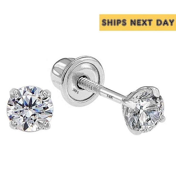 14k Solid White or Yellow Gold Basket Set Round CZ Stud Earrings, Screw back Cz Studs, Sleeper Cz Studs, Unisex