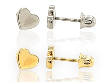 14K Pure Solid Yellow Gold White Gold Heart Shape Screw Back Studs Earrings