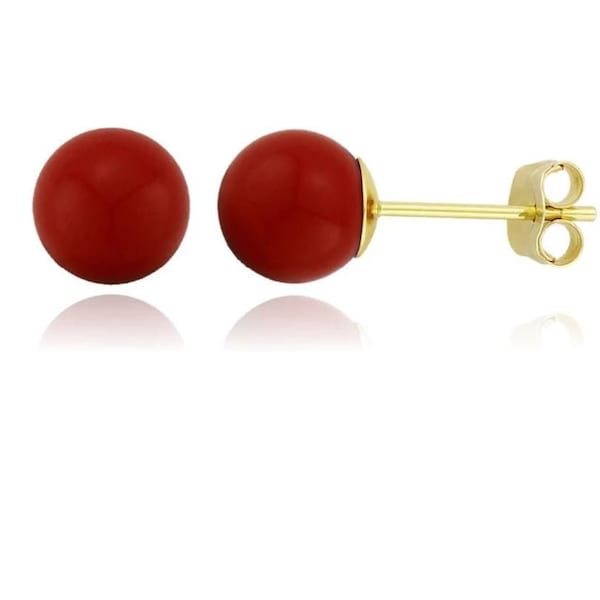 14K Solid Gold Red Coral Ball Studs- Pushbacks- Red Coral Sphere Ball Studs - Gold Ball Studs - 3mm- 4mm-5mm-6mm-7mm-8mm-9mm-10mm