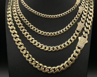 13mm Miami Cuban Link Monaco Chain Necklace Baguette Lock Real 10K ...