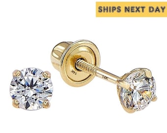 14k Solid Gold or 925 Silver Basket Set Round GRA Moissanite  or Cubic Zirconia Stud Earrings, Screw back Cz Studs, Sleeper Cz Studs, Unisex