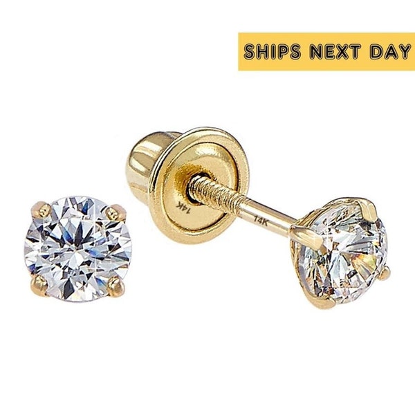 14k Solid Gold or 925 Silver Basket Set Round GRA Moissanite  or Cubic Zirconia Stud Earrings, Screw back Cz Studs, Sleeper Cz Studs, Unisex