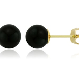 14K Solid Gold Genuine Black Onyx Ball Studs Pushbacks Black Onyx Sphere Ball Studs 14k Gold Ball Studs image 1