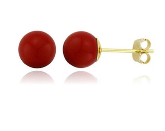 14K Solid Gold Red Coral Ball Studs- Pushbacks- Red Coral Sphere Ball Studs - Gold Ball Studs - 3mm- 4mm-5mm-6mm-7mm-8mm-9mm-10mm