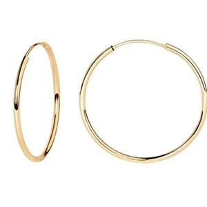 14k Solid Gold dünne endlose Creolen |Gold Leichte Creolen | 10mm. 12mm. 14mm. 16mm. 18mm. 21mm. 27mm. Die Dicke beträgt 1 mm
