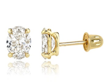 14k Solid Gold Solitaire Earrings Classy Oval Cut Screw-back Studs | Gold Oval CZ Studs