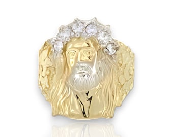 Anillo de oro amarillo macizo de 10 quilates con circonita cúbica y cabeza de Jesús grande con corte de diamante para hombre, oro blanco amarillo macizo de 10 quilates