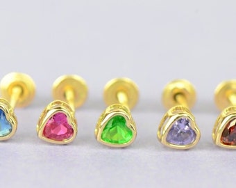 14K Solid Yellow or White Gold Heart Stud Earrings Birthstone with Screw Back