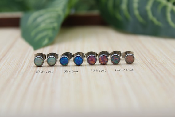 Pair of 6mm Bezel Pink Opal Surgical Steel Stud Earrings Pair of 6mm Bezel Pink Opal Surgical Steel Stud Earrings