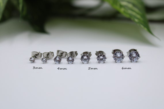 Pair of 316L Surgical Steel 3mm 4mm 5mm 6mm White Prong CZ Gem Stone Hypoallergenic Earrings Studs