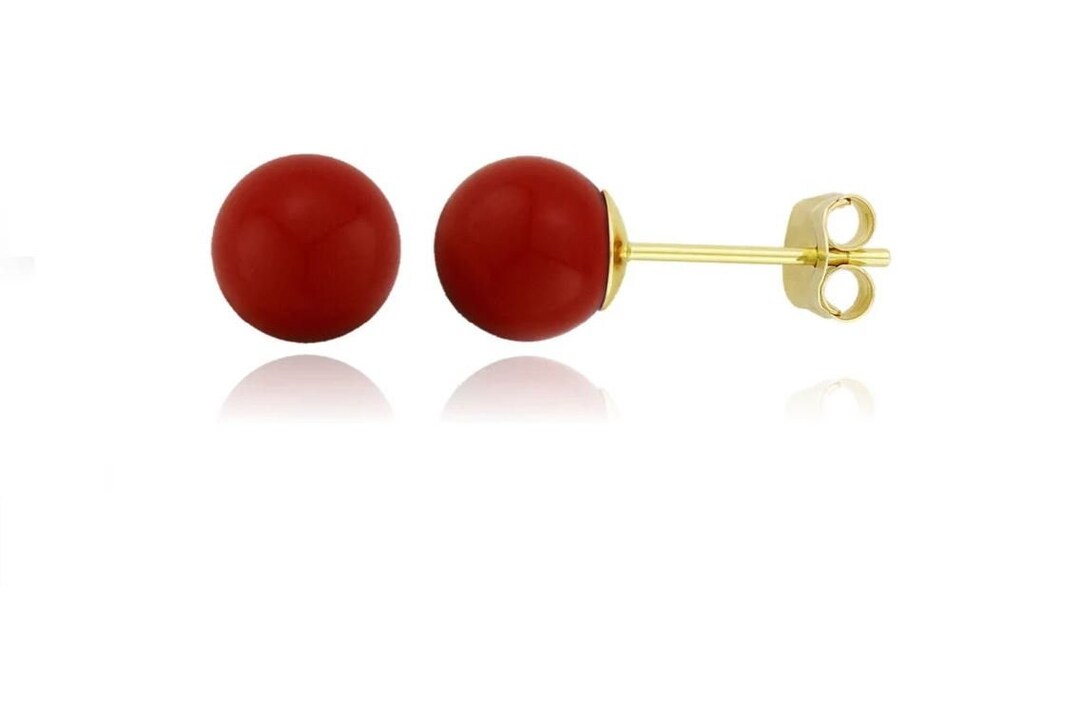 14K Solid Gold Red Coral Ball Studs Pushbacks Red Coral Sphere Ball