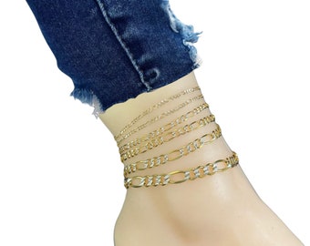 Figaro Two Tone Link Anklet - 10K Yellow Gold