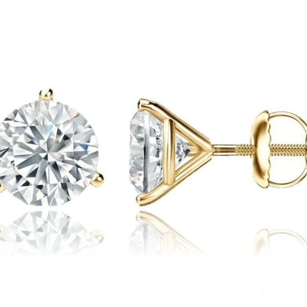14K Solid Gold Solitaire 3 Prong Heavy Martini Setting Studs | Screwback Martini Studs | .50ct | .84ct | 1.3ct | 2.0ct