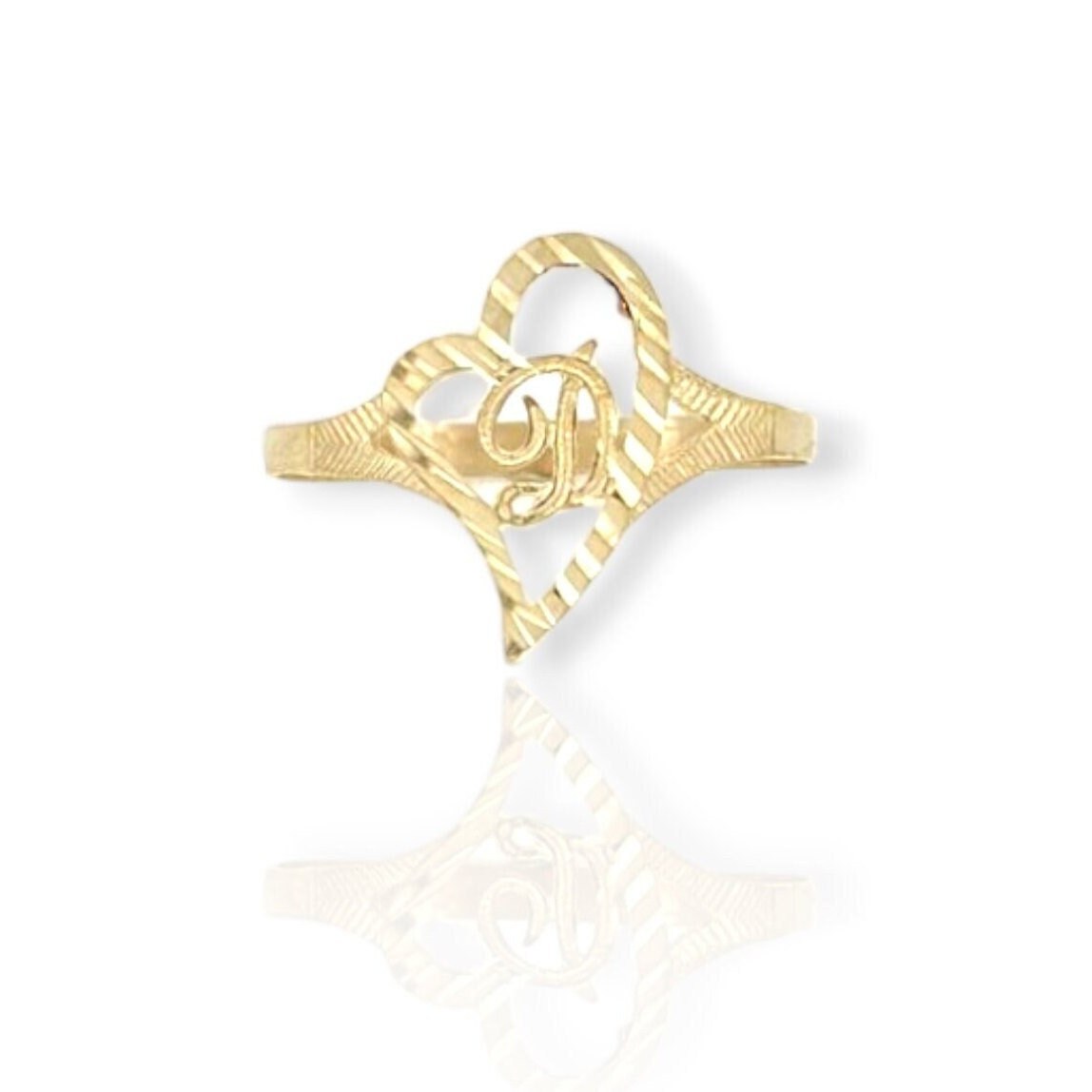 10k Solid Yellow Gold Slanted Heart Initial Letter Alphabet Ring- A-Z Any Alphabet Love Band