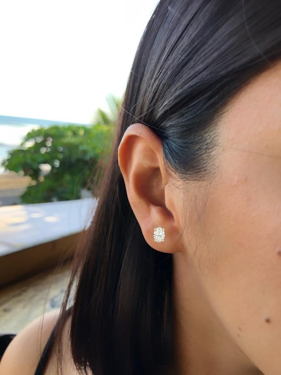 14k Solid Gold Solitaire Earrings Classy Oval Cut Screw back Studs Gold Oval CZ Studs Etsy