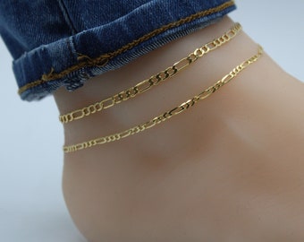 14K Anklet Fully Solid  - Figaro Anklet  , Flat Link Chain Gold Anklet, 14K Solid Gold 2.2mm, 3.3 Anklet 9 inch 10 Inch