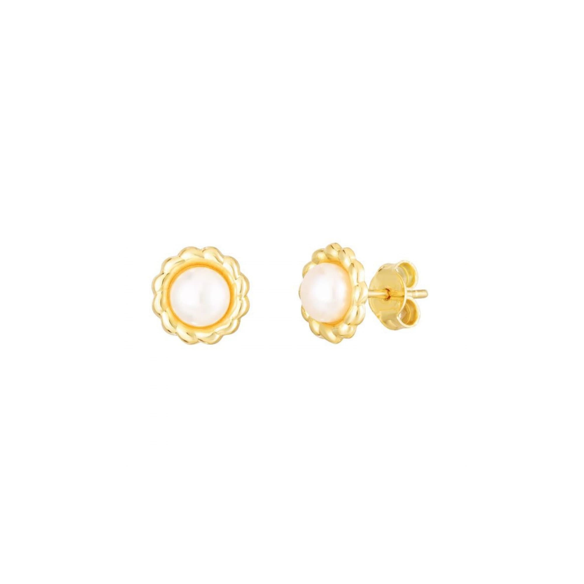 14K Solid Gold Genuine Pearl Flower Pushback Earrings 14K 