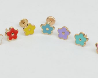 14k Yellow Gold Enamel Flower Screw Back Baby earrings