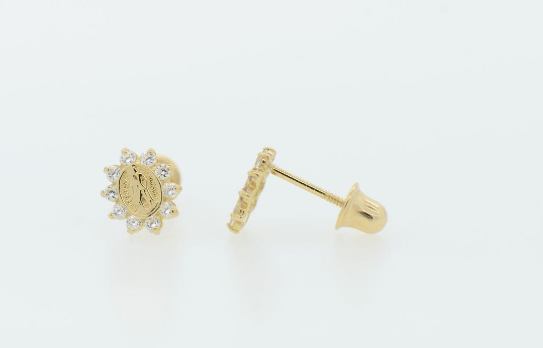 14K Yellow Gold Guadalupe Virgin Mary Screw Back CZ Small Stud Earrings ...