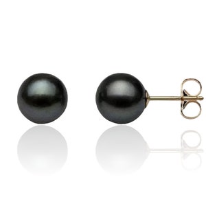 14K Solid Gold Genuine Black Pearl Pushback Earrings- 14K Pearl Studs- Pearl Studs- 14K Cultured Pearl Studs (Multi size available)