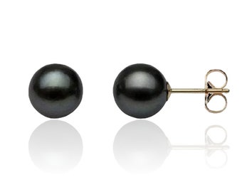 14K Solid Gold Genuine Black Pearl Pushback Earrings- 14K Pearl Studs- Pearl Studs- 14K Cultured Pearl Studs (Multi size available)