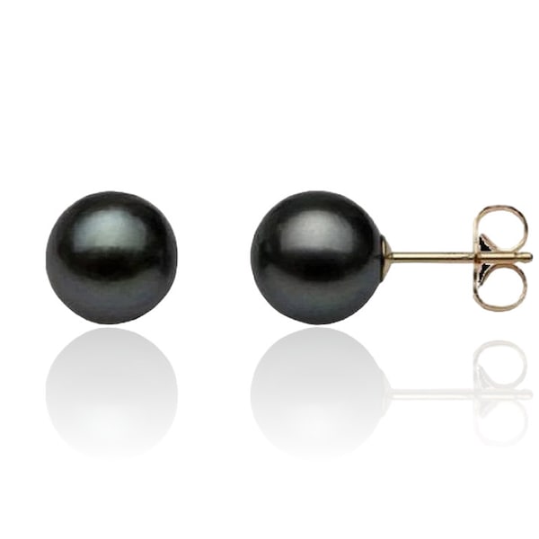 Pendientes Pushback de perlas negras genuinas de oro macizo de 14K- Tachuelas de perlas de 14K- Tachuelas de perlas- Tachuelas de perlas cultivadas de 14K (varios tamaños disponibles)