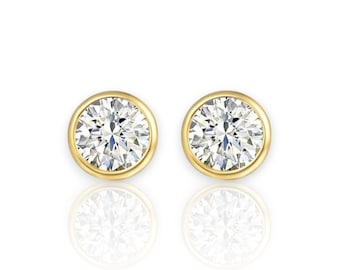 Pendientes de bisel redondo de oro amarillo/blanco de 14 quilates con circonita triple A, pendientes de bisel con rosca trasera, 3 mm, 4 mm, 5 mm, 6 mm