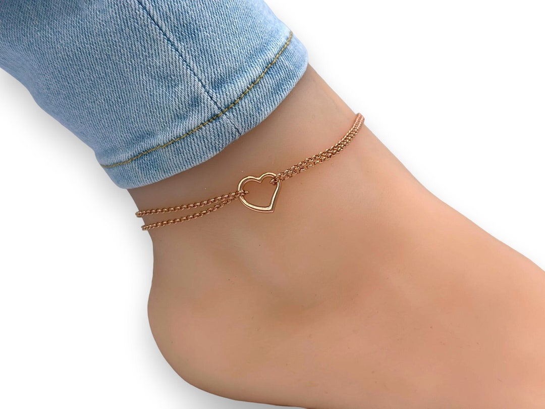 10K Anklet rolo Rose Gold Heart Anklet 10k Rolo Rose Gold Etsy