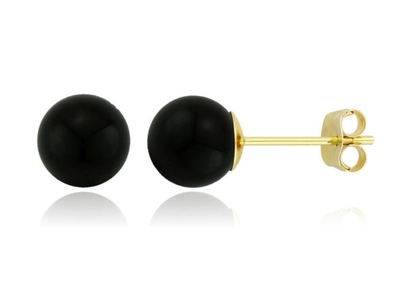 14K Solid Gold Genuine Black Onyx Ball Studs Pushbacks Black Onyx Sphere Ball Studs 14k Gold Ball Studs image 1