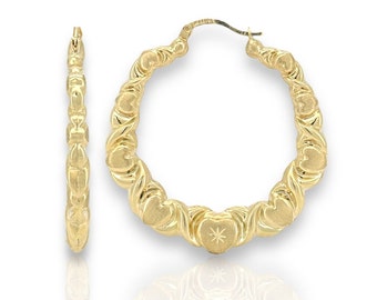 10k Real Solid Yellow Gold Textured Heart Hoop Earrings, High Quality, 48mm-54mm Gold Hoop Earrings, Women Earrings Perfect Gift