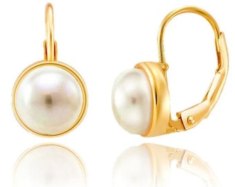 14K Gold Bezel Lever back Set With White Genuine Freshwater Pearl - Genuine Pearl Pair Of Earrings- Beautiful White Freshwater Pearl