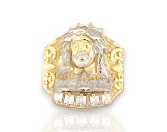 10K Solid Yellow Gold Diamond Cut Large Men's Jesus Head Last Supper CZ Ring Real Solid 10K Yellow White Gold